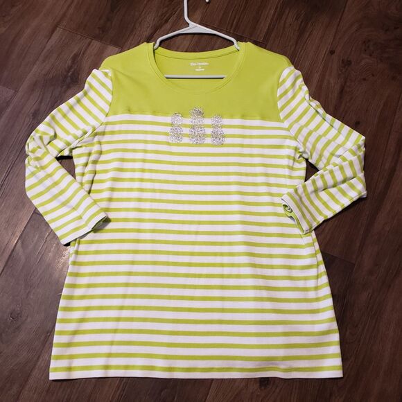 Kim Roger's Green White Striped Women's Shirt Pineapples Sz  XL - Picture 1 of 5